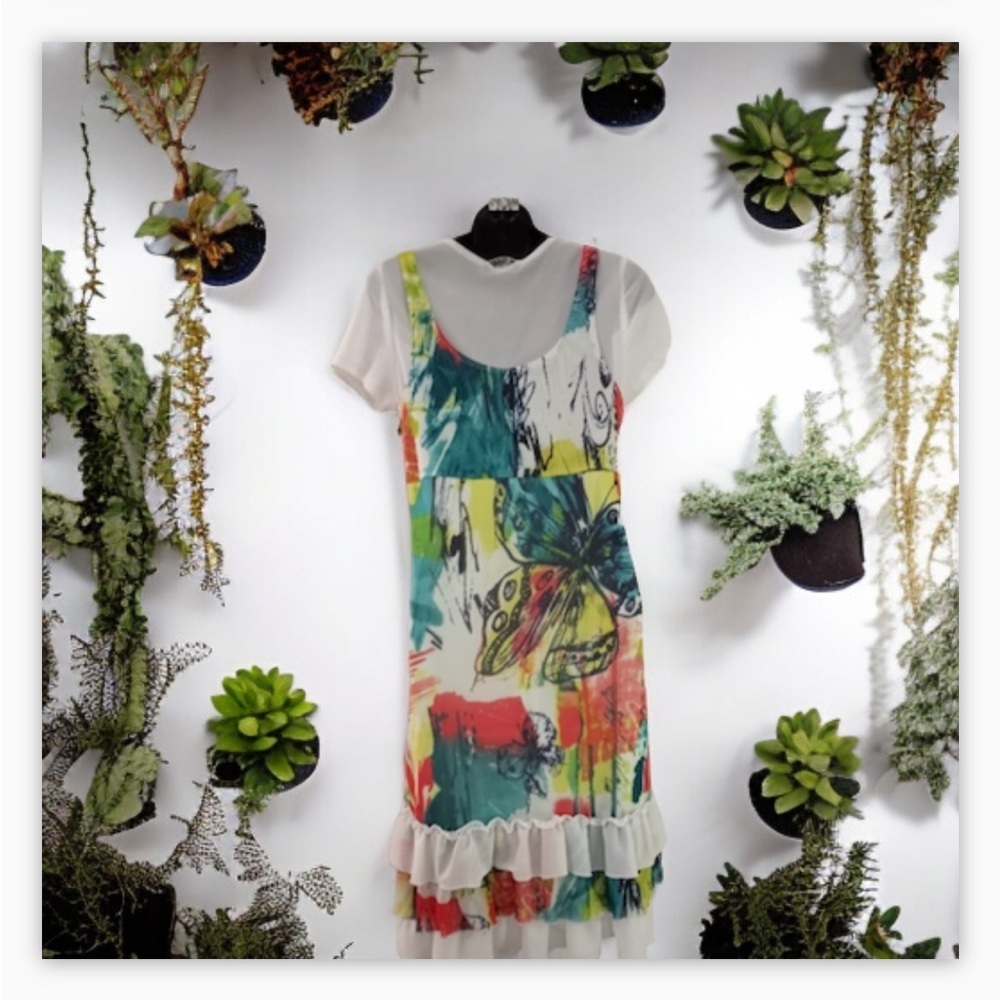 VTG-Y2K-Mesh Overlay Layered Tiered Floral dress -twofer-Sz S-coquette -EUC🌸 - Picture 12 of 13